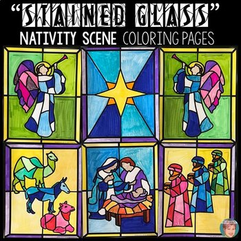 Preview of "Stained Glass" Christian Christmas Nativity Scene COLORING Pages