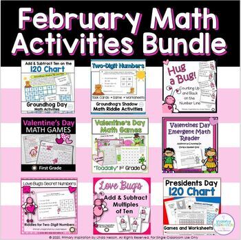 Preview of February Math Activities Bundle | Groundhog, Valentine, Presidents