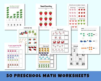 Preview of 50 Preschool Math Drill Pages for preschoolers, Counting Numbers 0 - 20