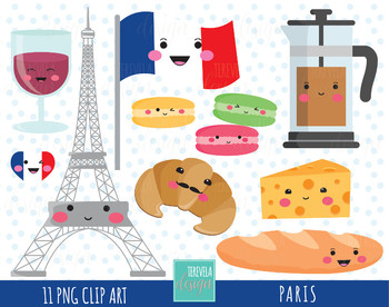 Preview of PARIS clipart, FRANCE clipart travel clipart, kawaii clipart, flag, bread