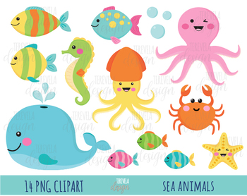SEA ANIMALS clipart, UNDER THE SEA, FISH, octopus, crab, whale, star fish