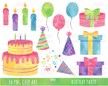 Watercolor Birthday Clipart, Party Clipart, Party Items, Balloons, Watercolor