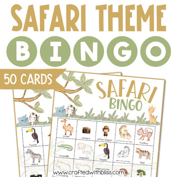 Preview of 50 Safari Bingo Cards Classroom Game, Bingo Game, Safari Party Game, Work Office