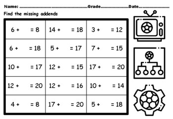 Preview of 50 Soccer Missing Addends Worksheets upto Number 20 CCSS.1.OA.A.1