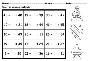 Preview of 50 Space Math Worksheets Grade 2 Missing Addends Worksheets upto Number 50