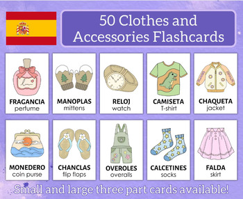 Preview of 50 Spanish and English Bilingual Clothes and Accessories Flashcards | Montessori