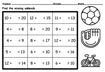 Preview of 50 Sports Missing Addends Worksheets up to Number 20 CCSS.1.OA.A.1