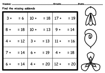 Preview of 50 Spring Flowers Missing Addends Worksheets upto Number 20 CCSS.1.OA.A.1