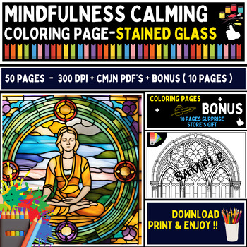 Preview of Stained Glass Mindfulness Calming Coloring Pages - Artistic - leadlight+ BONUS