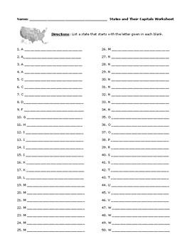 Preview of Fifty States in the U.S.A. Worksheet, Test, or Assessment with Answer Key