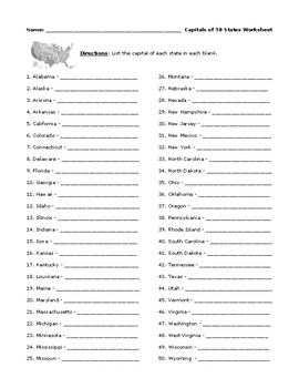 Preview of 50 State Capitals Worksheet with Detailed Answer Key
