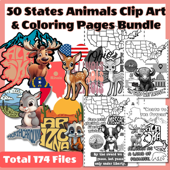 Preview of 50 States Animals Clip Art & Coloring Pages Bundle