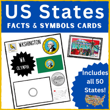 Preview of 50 States Fact Cards | US States and Capitals | State flag, coin, bird, seal
