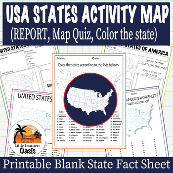 Preview of 50 States Fact Sheets - States Activity Map (REPORT, Map Quiz, Color the state)