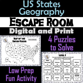 Preview of 50 States Activity Escape Room (US Geography Unit)
