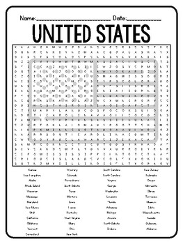 50 States Geography Word Search Puzzle Worksheet Activity by Puzzle Planet