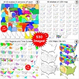 50 States, USA Maps, Regions, Timezones Clip Art ULTIMATE 