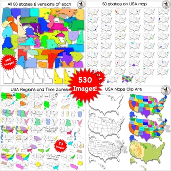 Preview of 50 States, USA Maps, Regions, Timezones Clip Art ULTIMATE BUNDLE 528 images