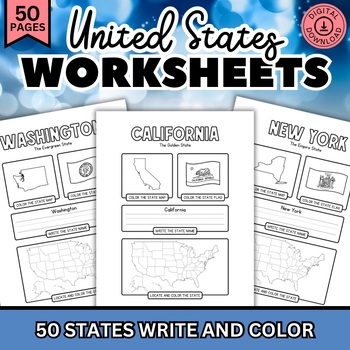 Preview of 50 States Worksheet, United States Geography, Writing Activities, Coloring Pages