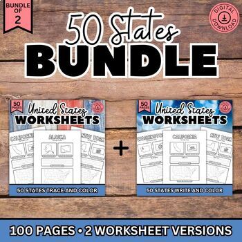 Preview of 50 States Worksheets BUNDLE, Trace or Write, Coloring Pages, US Geography