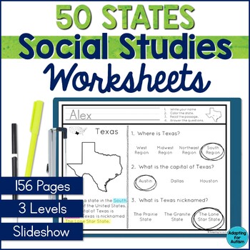 Preview of 50 States Worksheets - Social Studies Special Education and Autism Resource