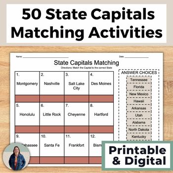 Preview of 50 States and Capitals Matching Activities for US Geography and US History
