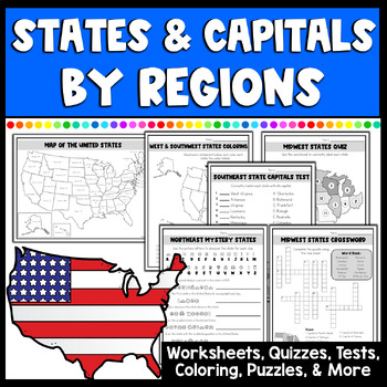 Preview of 50 States and Capitals Worksheets, Tests, Activities & More by Regions