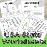 50 States black and white printable worksheets, facts, and coloring bundle