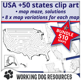 50 States of the USA maps and map mazes clip art