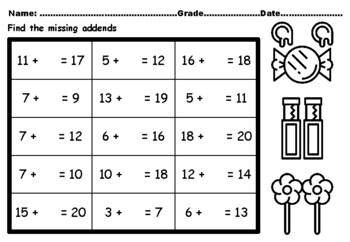 Preview of 50 Sweets And Candies Missing Addends Worksheets upto Number 20 CCSS.1.OA.A.1