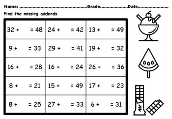 Preview of 50 Sweets Candies Grade 2 Math Packet Missing Addends Worksheets upto Number 50