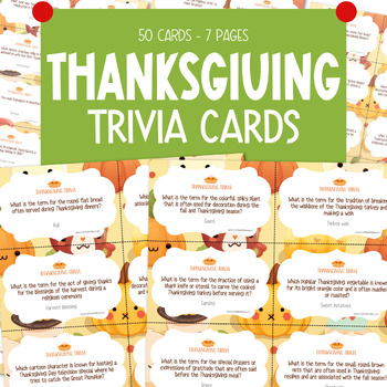 50 Thanksgiving Trivia Cards Classroom Party Game Holiday Activity ELA