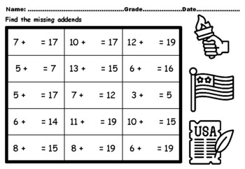 Preview of 50 Fourth of July Missing Addends Worksheets upto Number 20, CCSS.1.OA.A.1