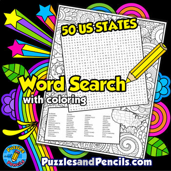 Preview of 50 US States Word Search Puzzle Activity Page with Coloring | USA Geography