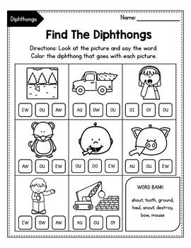 vowel diphthongs oi oy ou ow dipthongs worksheets tpt