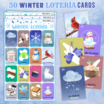 Preview of 50 Winter Mexican Loteria Bilingual Bingo Cards in Spanish & English