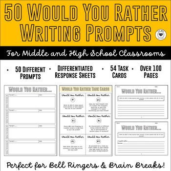Preview of 50 Fun Would You Rather ELA Writing Prompts- Task Cards, Warmups,& Brain Breaks!