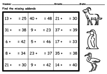 Preview of 50 Zoo Week Math 2nd Grade Missing Addends Worksheets upto Number 50