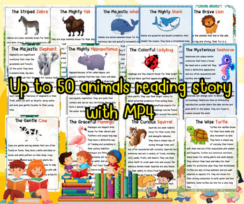 Preview of 50 animals story reading on PDF file with sound reading mp4 by native speakers.