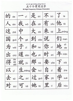 Preview of 50 high frequency Chinese characters 50个常用汉字表 (黑白)