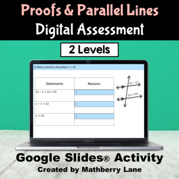 Preview of Proofs and Parallel Lines Digital Assessment Test Google Slides