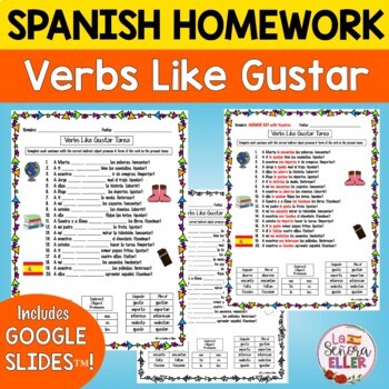 Preview of Spanish Verbs Like Gustar Homework | Spanish Worksheet Digital Google Slides™