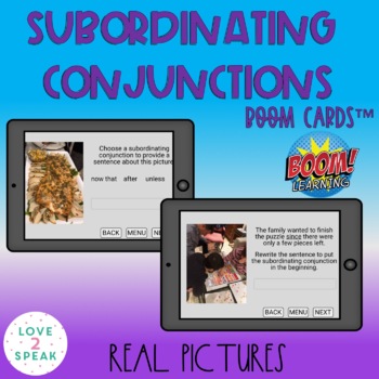 Preview of Subordinating Conjunctions with Real Pictures Boom Cards ™