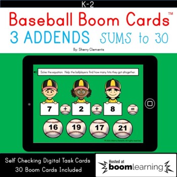 Preview of Boom Cards™ Baseball Addition | 3 Addends | Sums to 30
