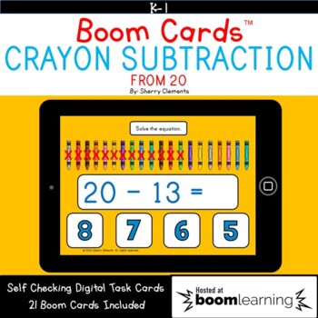 Preview of Boom Cards™ Crayons Subtraction from 20 | Math Center | Back to School