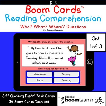 Preview of Boom™ Cards Reading Comprehension Passages | Who What Where | Wh Questions