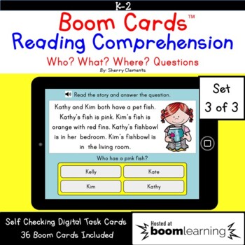 Preview of Boom™ Cards Reading Comprehension Passages | Who What Where | Wh Questions