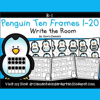 Preview of Winter Ten Frames | Write the Room | Penguins | Math Center
