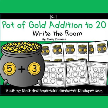 Preview of St Patricks Day | Pot of Gold Addition to 20 | Math Center | Write the Room