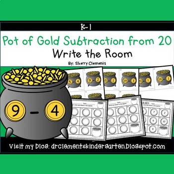 Preview of St Patricks Day Subtraction from 20 | Pot of Gold | Math Center | Write the Room